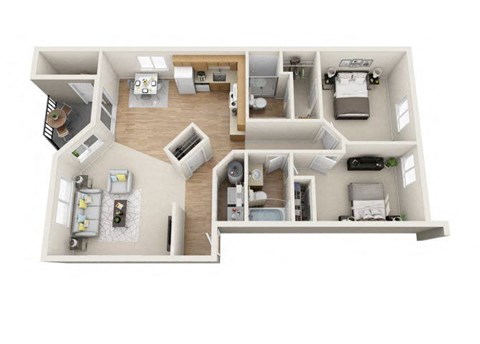 Floor plan for 2 beds, 2 baths, 1000 sqft